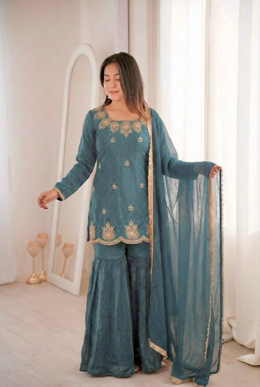 Teeya Creation Womens New Fancy Embroidery Sequence Work With Zarkan Diamond Work Kurta Set - Dista