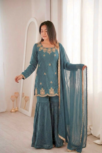 Teeya Creation Womens New Fancy Embroidery Sequence Work With Zarkan Diamond Work Kurta Set - Dista