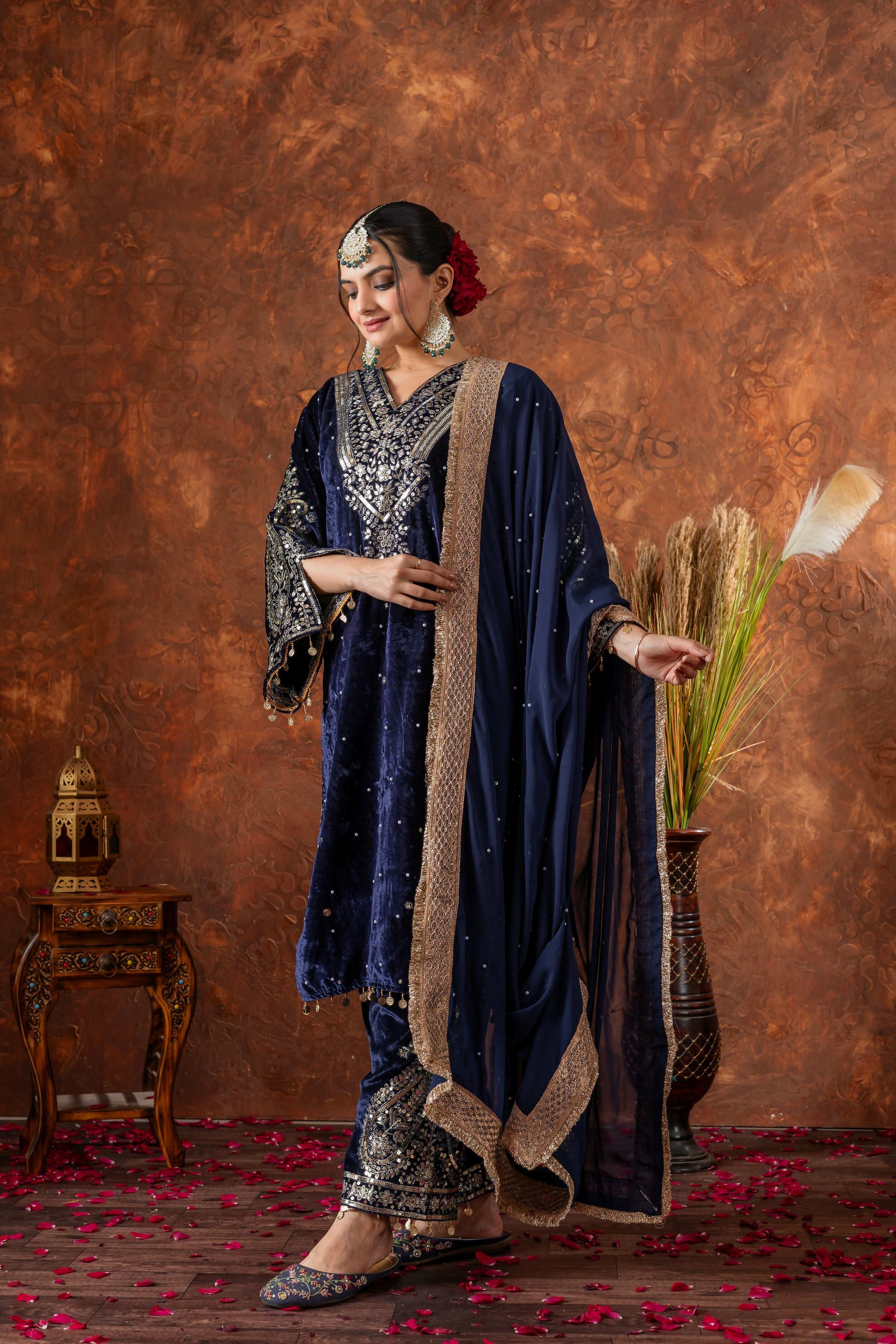 Teeya Creation Blue Color Velvet Silk Embroidery Work Party Wear Suit