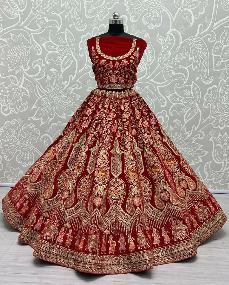 Jyoti Fashion Women's Red Velvet Multi Thread Embroidered with Zircon Diamond Work Wedding Lehenga Choli - Distacart
