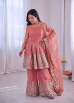 Thumbnail for Teeya Creation Peach Color Fendy Satin Silk Embroidery Work Party Wear Salwar Suit - Distacart