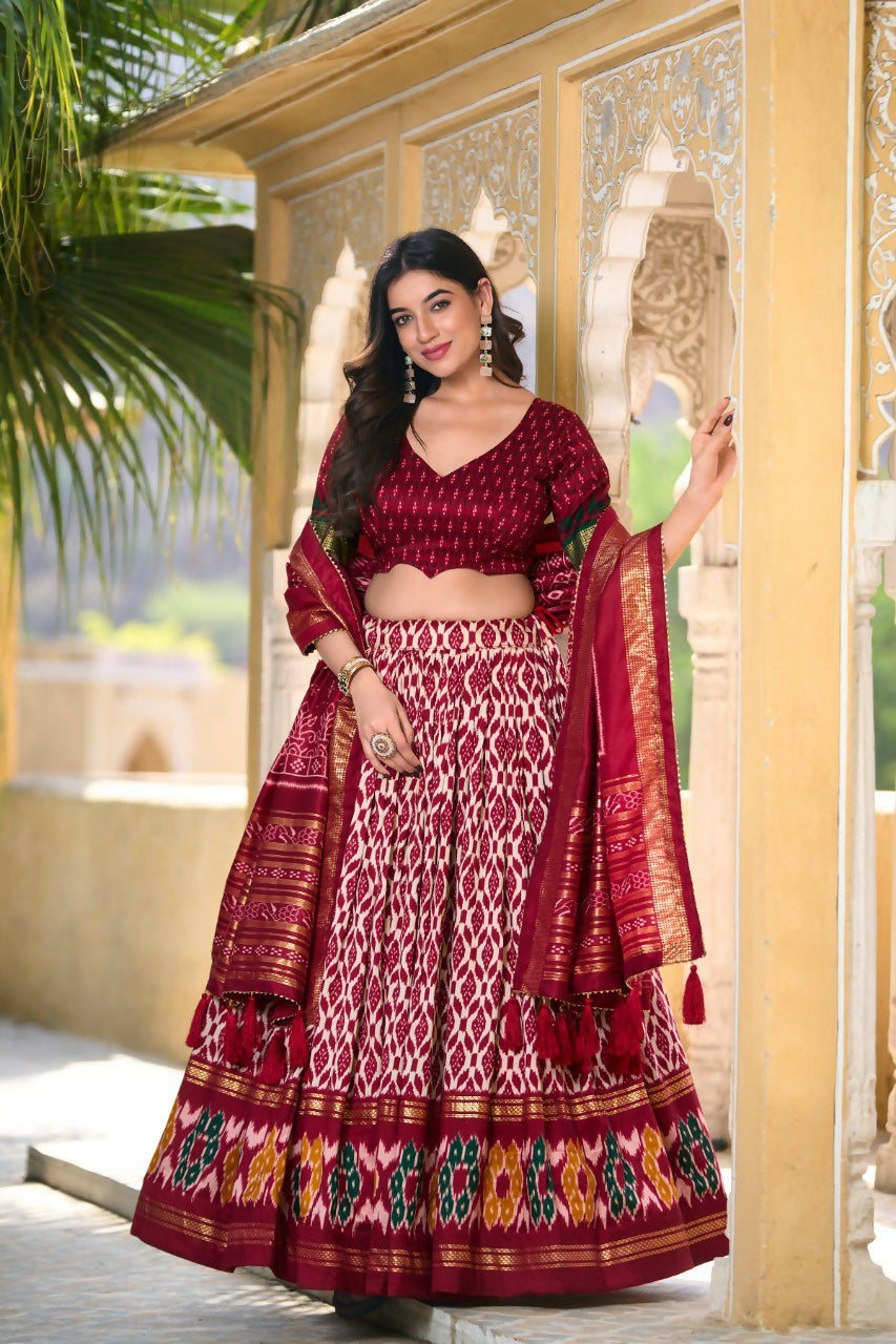 Vastranavya Designer Ikkat Print With Foil Work Lehenga Choli - Maroon - Distacart