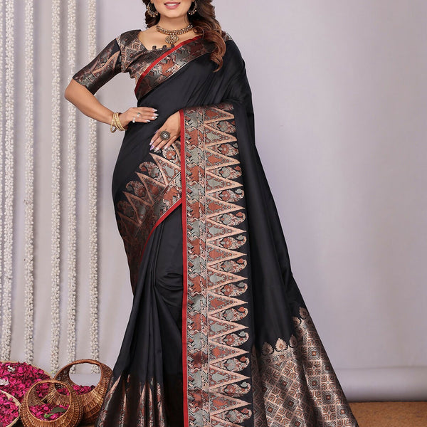 Joban Fashion Banarasi Black Jacquard Woven Soft Silk Saree - Distacart