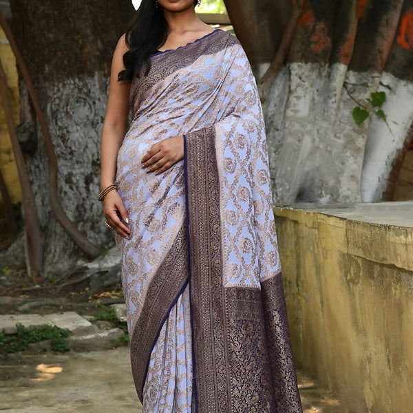 Joban Fashion Pastel Blue Crepe Chiffon Pure Handloom Banarasi Silk Saree