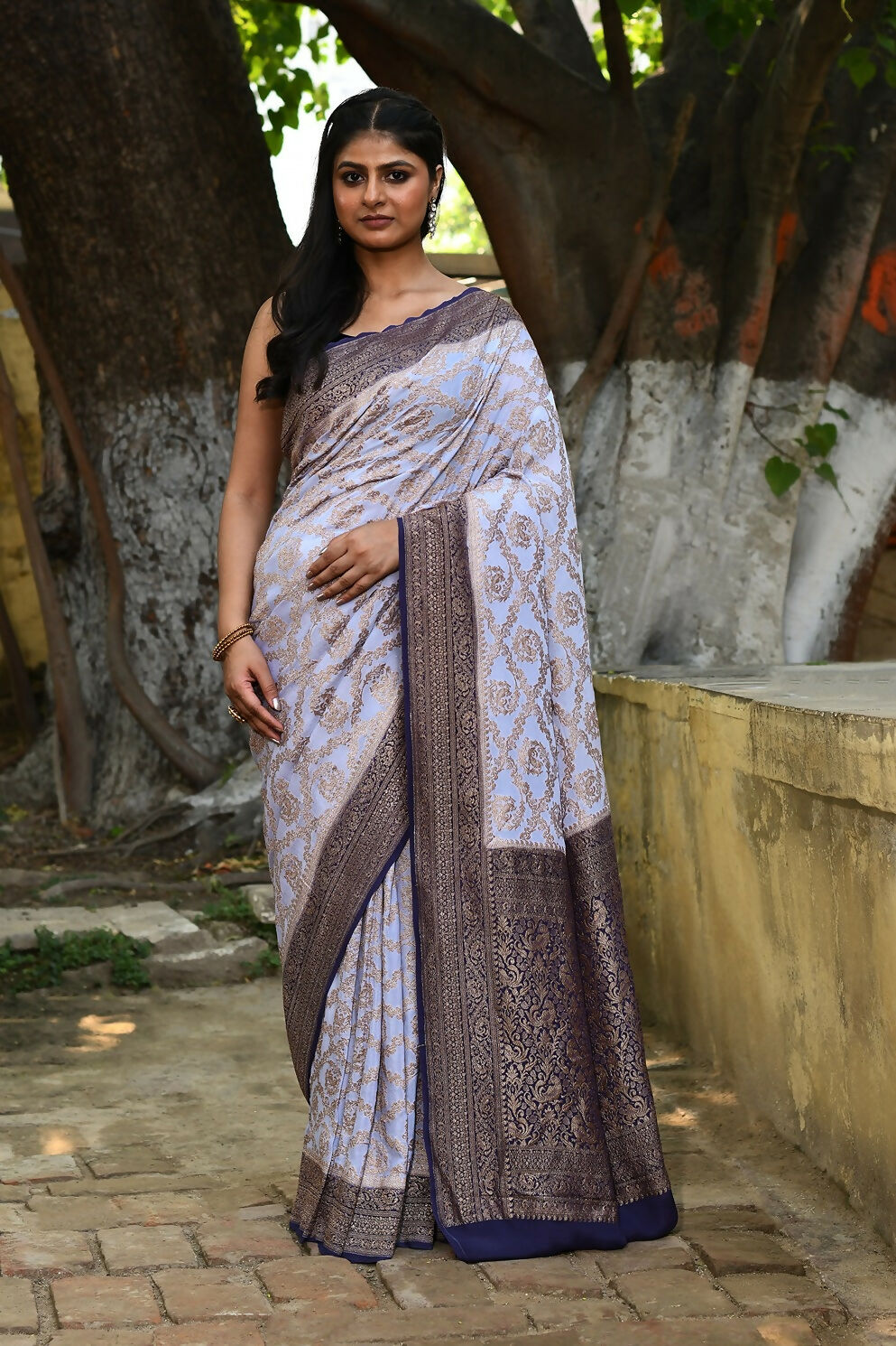 Joban Fashion Pastel Blue Crepe Chiffon Pure Handloom Banarasi Silk Saree - Dista