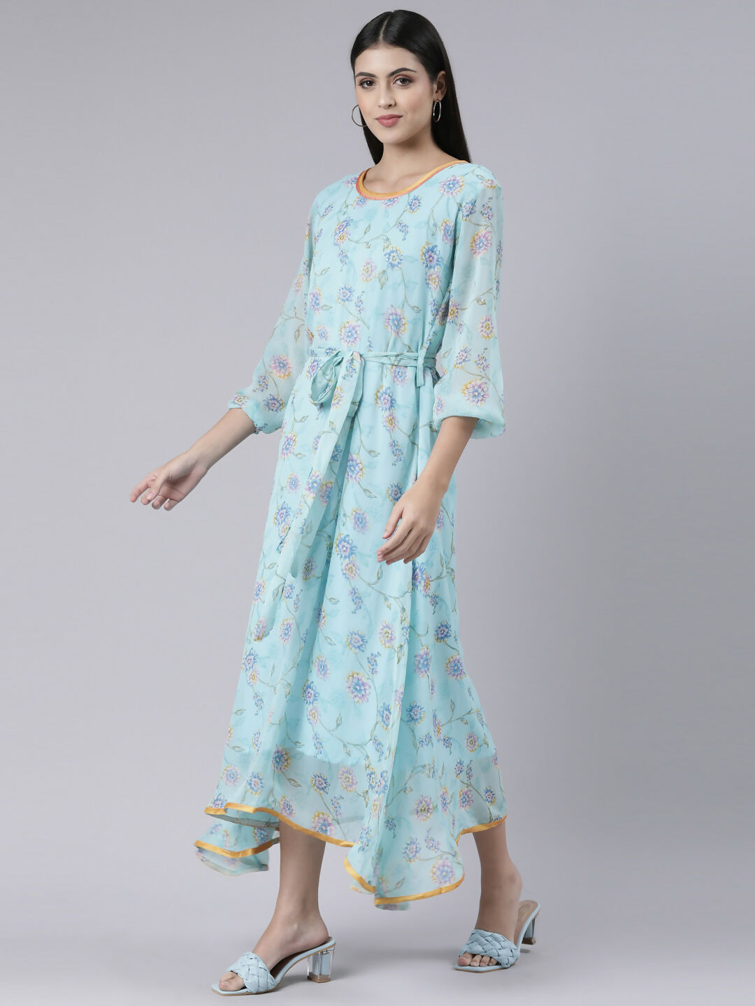 Souchii Blue Floral Chiffon Maxi Dress For Women – Souchii