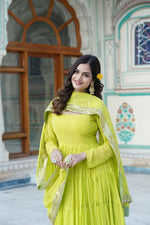 Thumbnail for Aastha Fashion Women's Parrot Green Faux Georgette 5 Layer Frill Work Anarkali Dress with Dupatta - Distacart