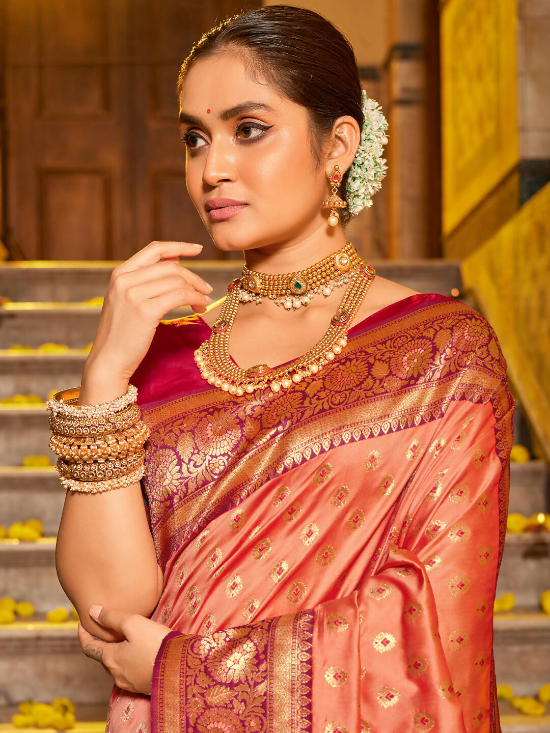 Astita Banarasi Silk Peach Saree