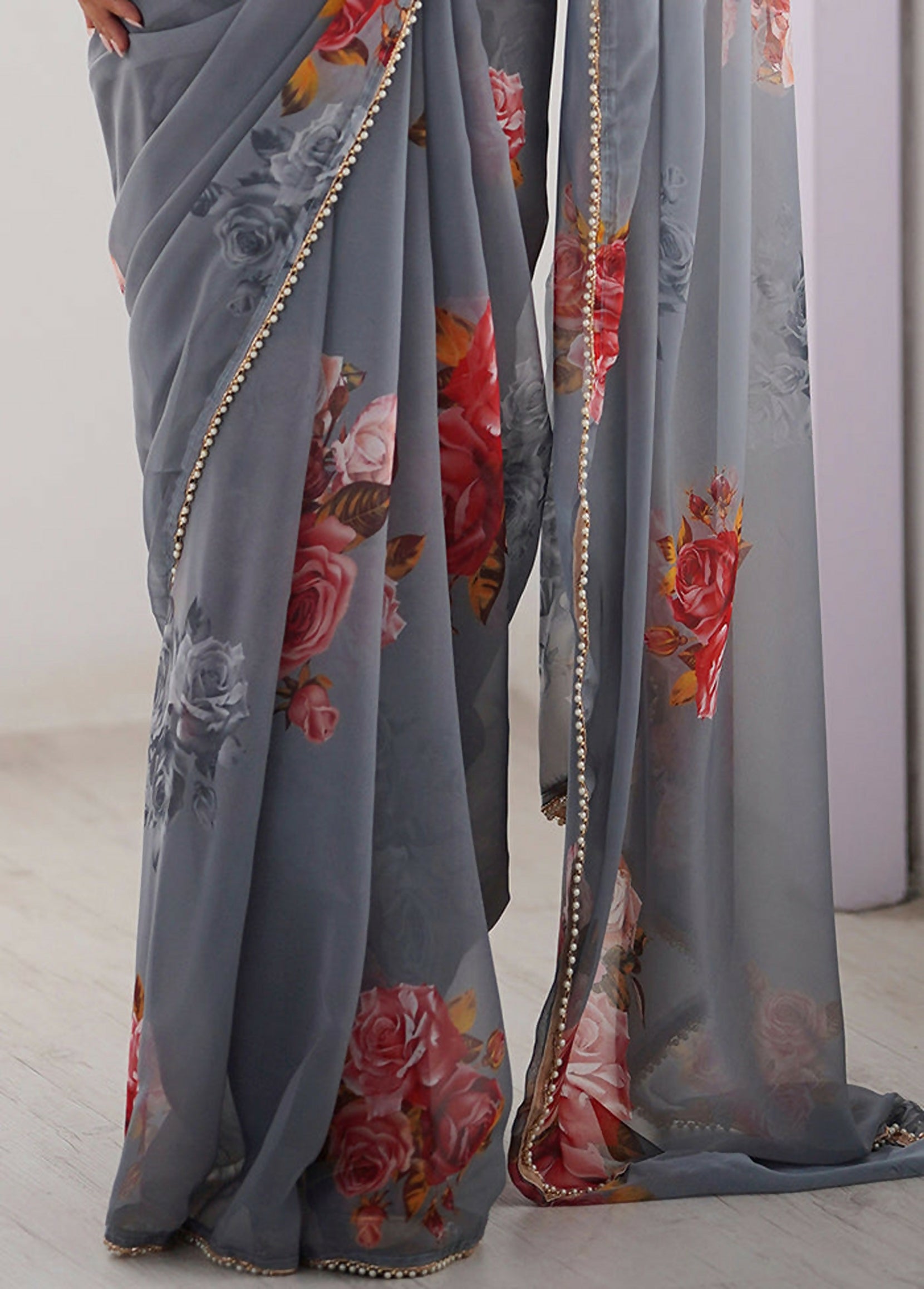 Traditional Partywear Grey Georgette Fancy Saree-Pavitra