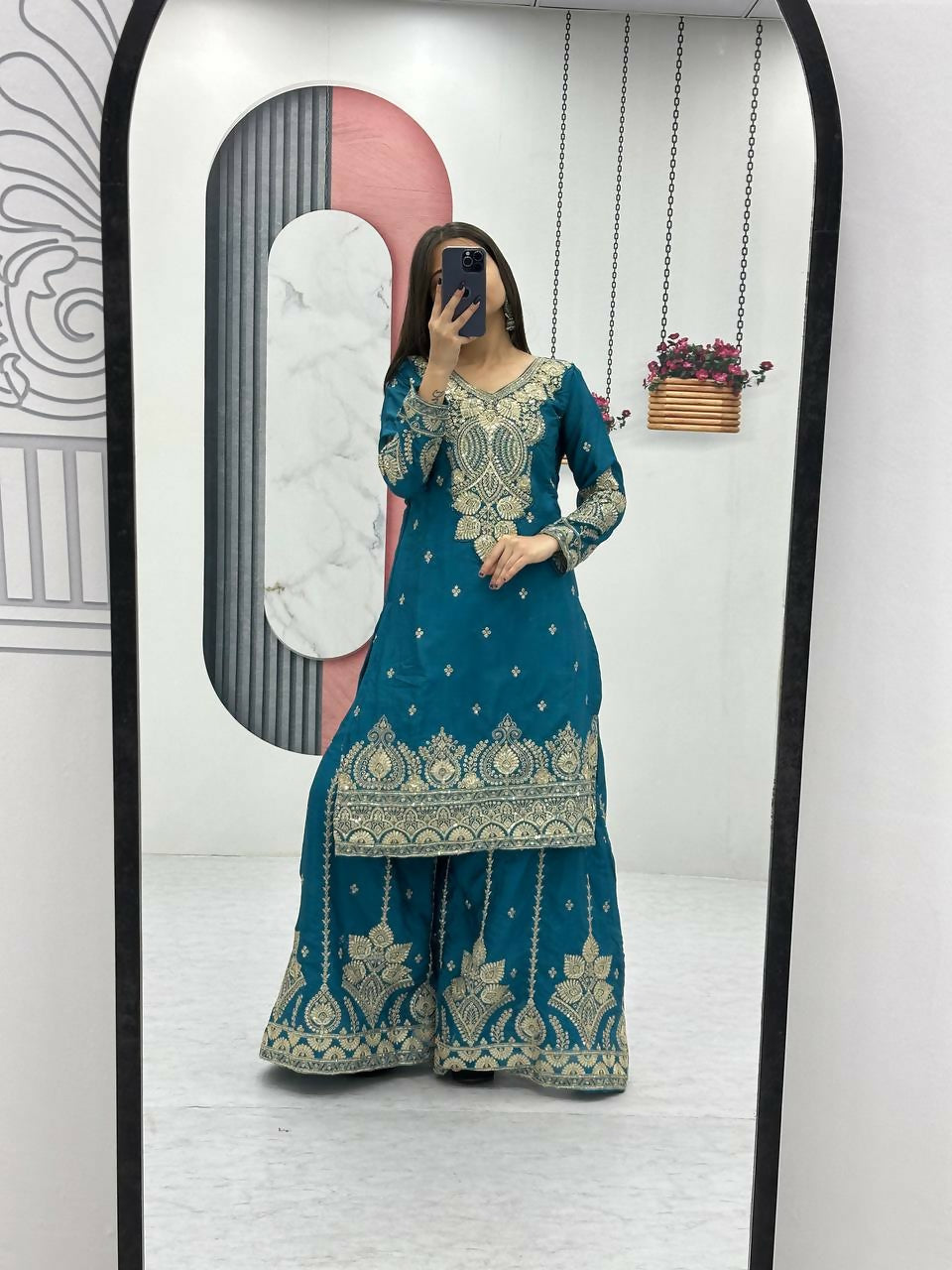 Teeya Creation Womens New Wedding Wear Heavy Embroidery Thread Work Teal Kurta Set - Dista