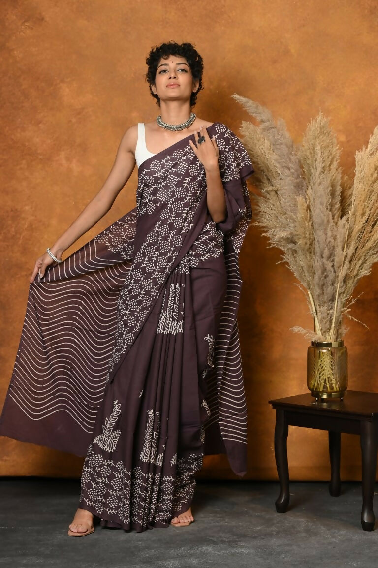 Very Much Indian Handblock Printed Cotton Saree With Natural Dyes - Brown - Distacart