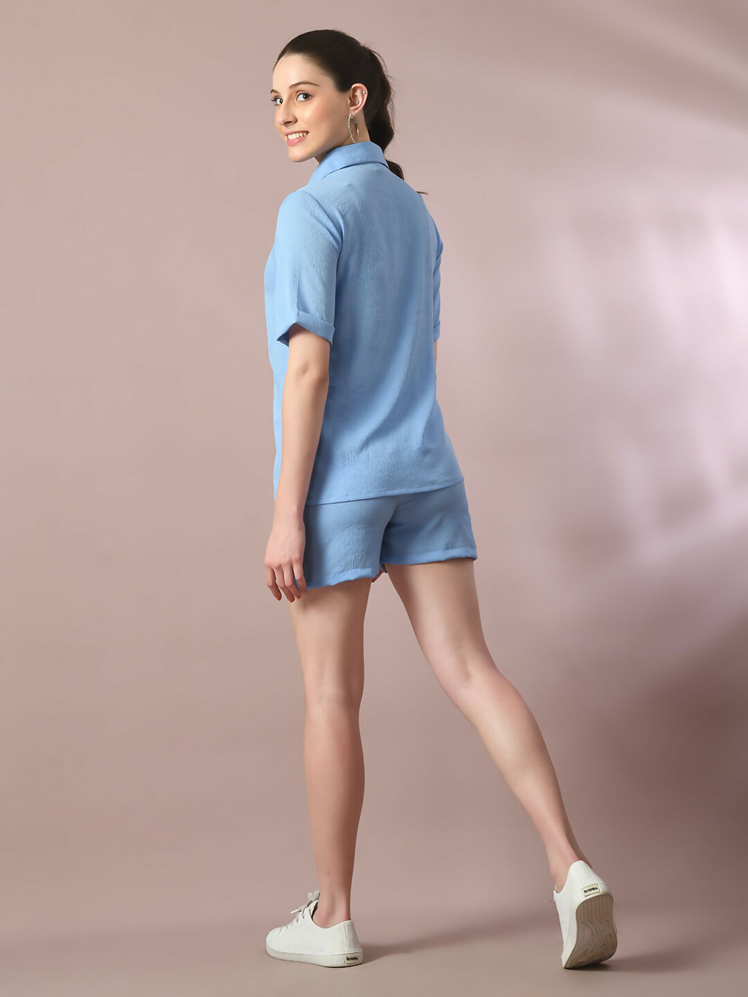 Myshka Women's Blue Solid Shirt Collar Party Shirt With Shorts Co-ord set - Distacart