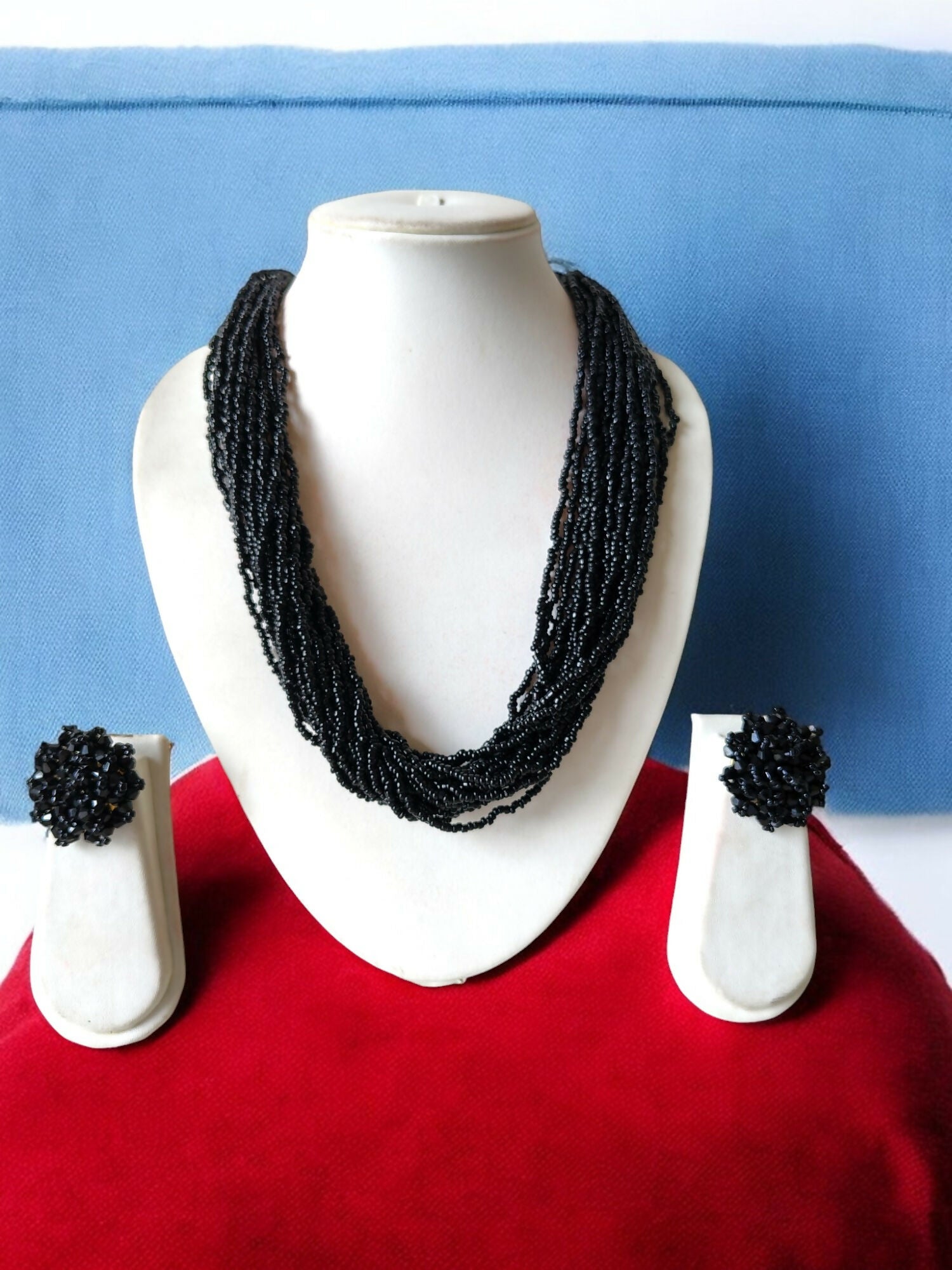 Inhanns Vibrant Handmade 20 Layers Beaded Necklace With Matching Earrings - Black - Distacart