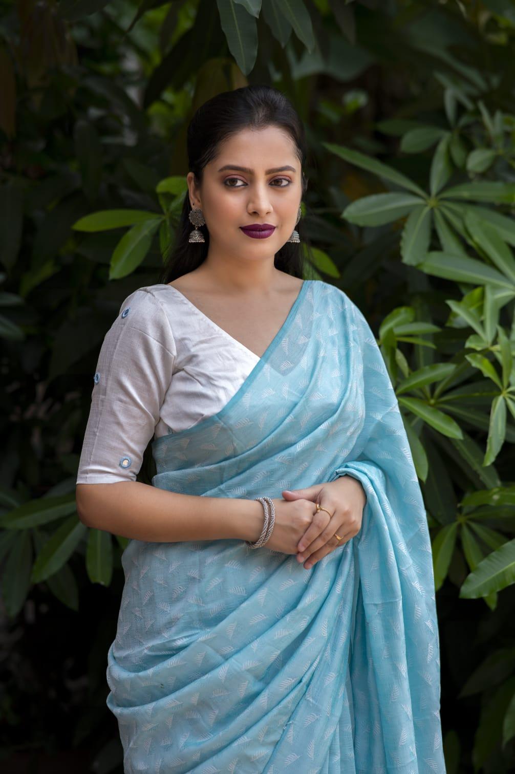 Sky Blue Poly Georgette Woven Design Saree with Unstitched Blouse - Hiral Fashion - Distacart