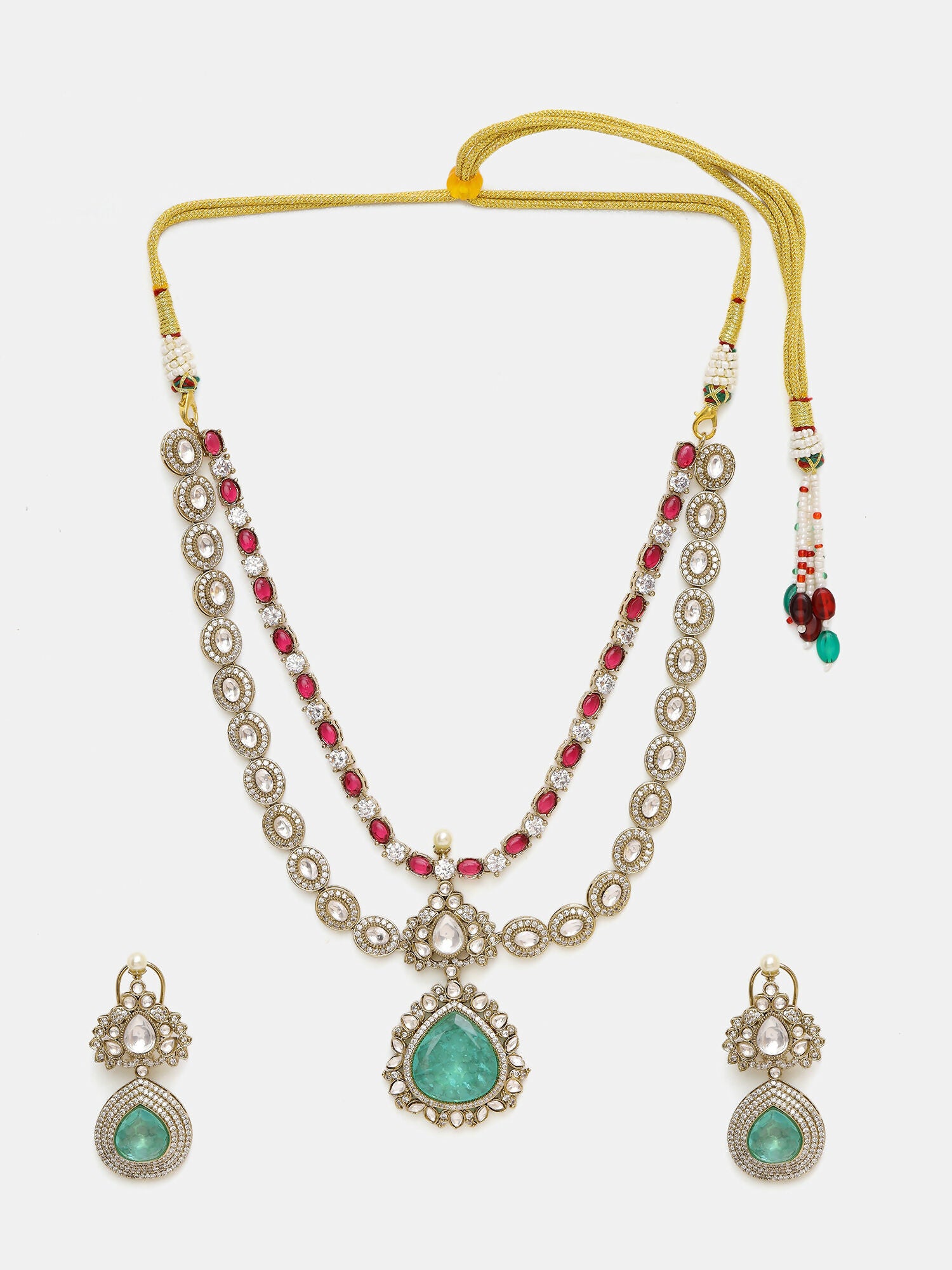 Ruby Raang 22k Gold Polished Stonework Moissanite Necklace With Earrings