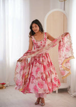 Thumbnail for Teeya Creation Pink Pure Muslin Silk Digital Print Traditional Wear Long Gown - Distacart