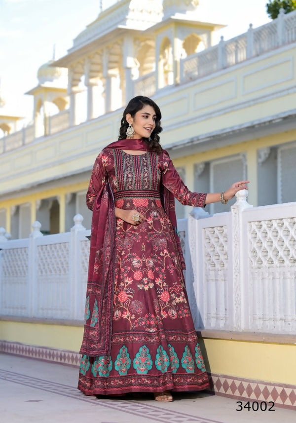 Partywear Designer Maroon Dola Silk Anarkali suit with Dupatta - Suzen - Distacart