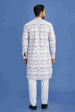 Thumbnail for Raivat Ethnic Cotton Embroidery Kurta Pajama In Pink and Blue Colour - Dista
