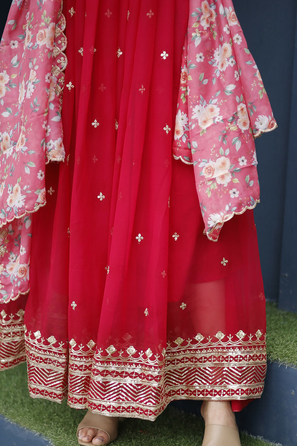 Aayaa Designer Embroidery Zari Sequins-Work Faux Blooming Georgette Suit - Red - Distacart