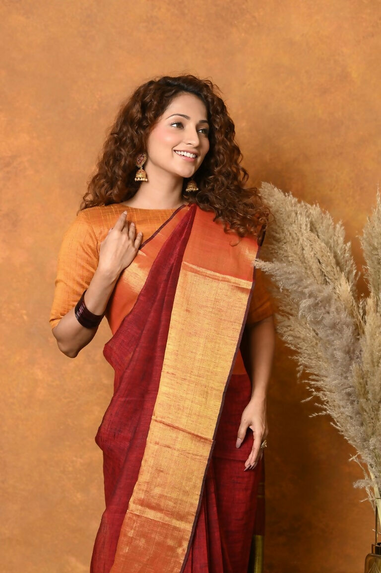 Very Much Indian Handloom Pure Cotton Linen Saree With Golden Border - Dark Maroon - Distacart