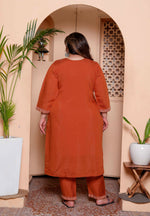 Thumbnail for Miravan Women's Plus Size Orange Embroidered Straight Kurta with Palazzo and Dupatta set - Distacart
