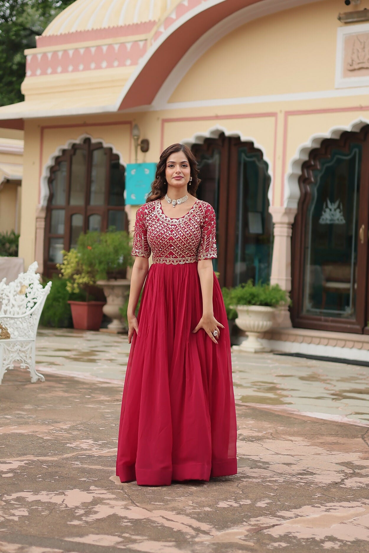 Joban Fashion Pink Georgette Sequence Embroidery Work Gown