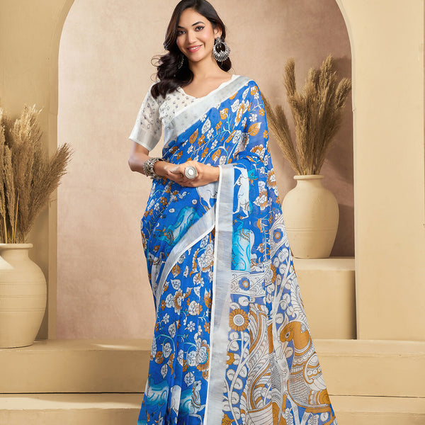 Vastranavya Blue Digital Printed Linen Ready To Wear Designer Saree with Unstitched Blouse - Distacart