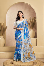 Thumbnail for Vastranavya Blue Digital Printed Linen Ready To Wear Designer Saree with Unstitched Blouse - Distacart