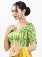 Thumbnail for Joban Fashion Green Multi Brocade Padded Blouse With V Neck Elbow Sleeves - Distacart