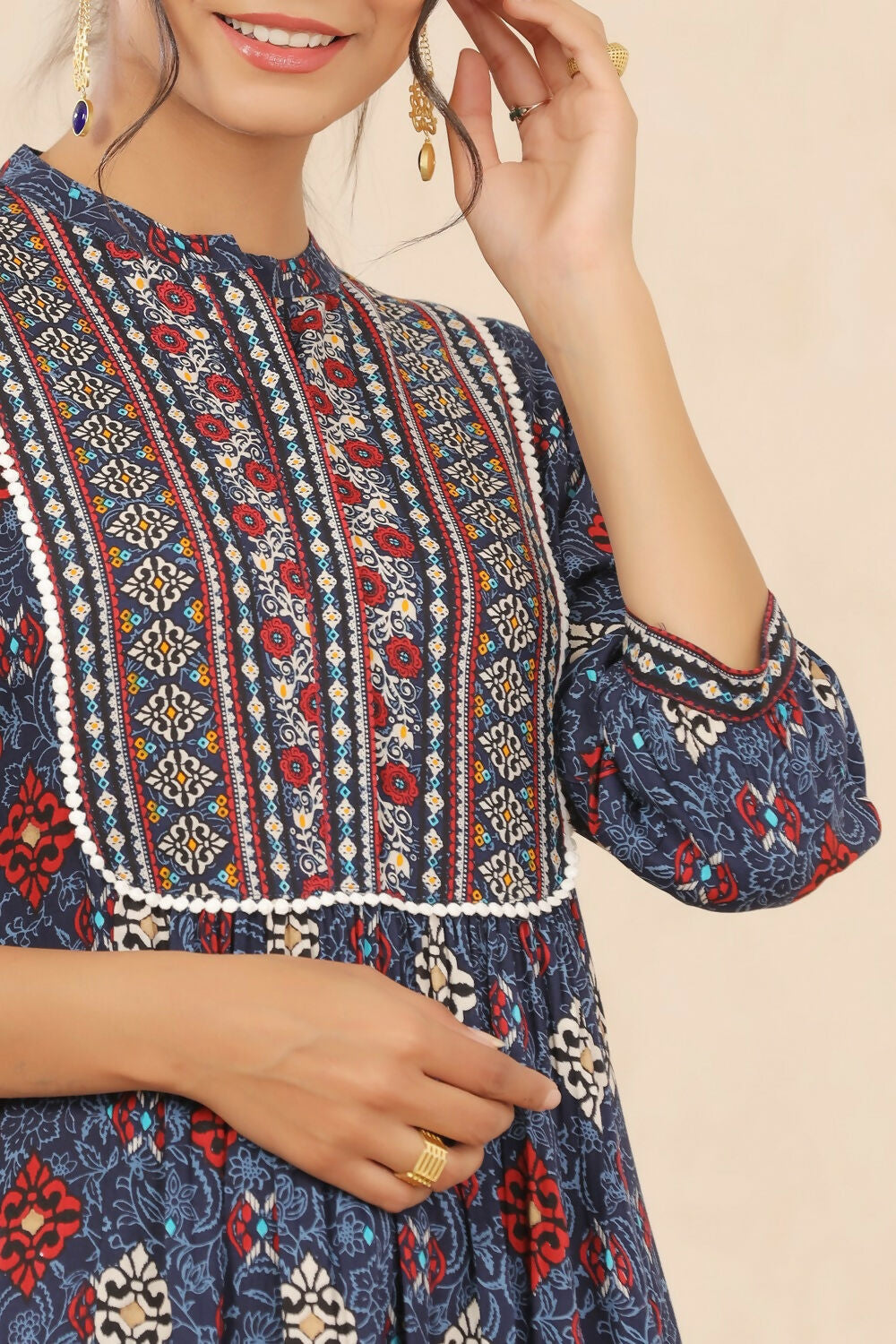 Juniper Indigo Floral Printed Rayon Maxi dress with Lace Work - Distacart