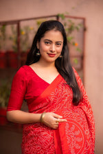 Thumbnail for Red Silk Blend Ajrak Saree with Unstitched Blouse - Hiral Fashion - Distacart
