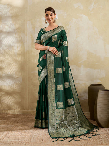 Shree Shyam Fashion Dark Green Silk Blend Saree - Distacart