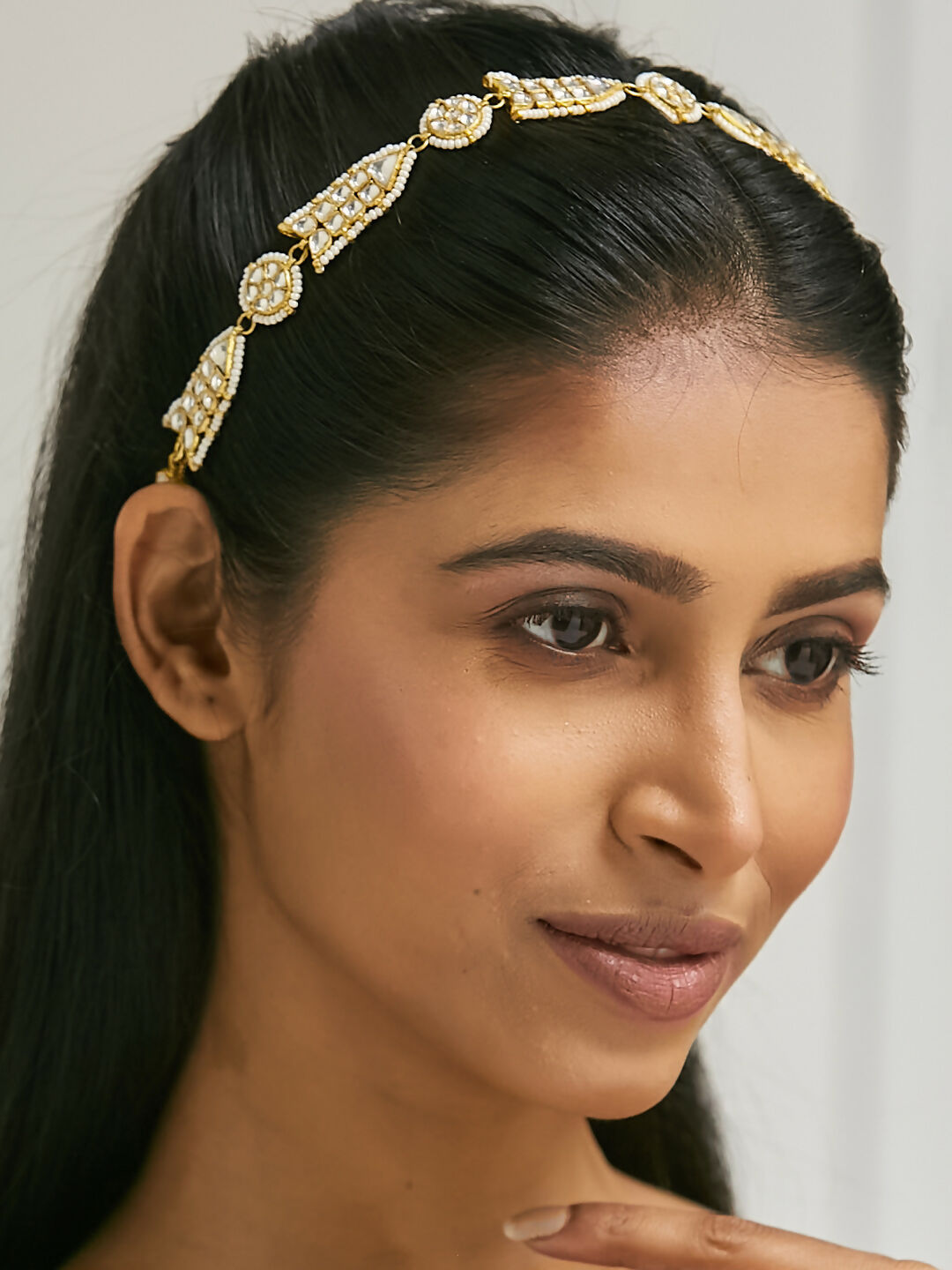 Nuyug 22K Gold-Plated Kundan & Pearls Studded Matha Patti with Regal Motifs Head Jewellery