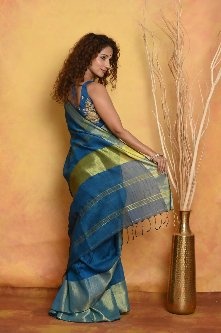 Very Much Indian Handloom Pure Cotton Linen Saree With Golden Border - Serene Blue - Distacart