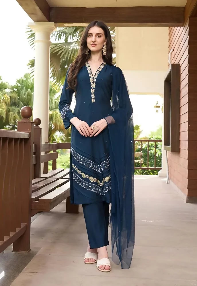 Nikhaar Dark Blue Embroidered Art Silk Straight Cut Readymade Pakistani Suit