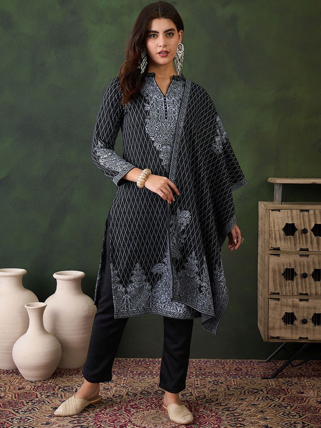 Sangria Ethnic Motifs Woven Design Mandarin Collar Straight Kurta With Trouser & Dupatta - Distacart