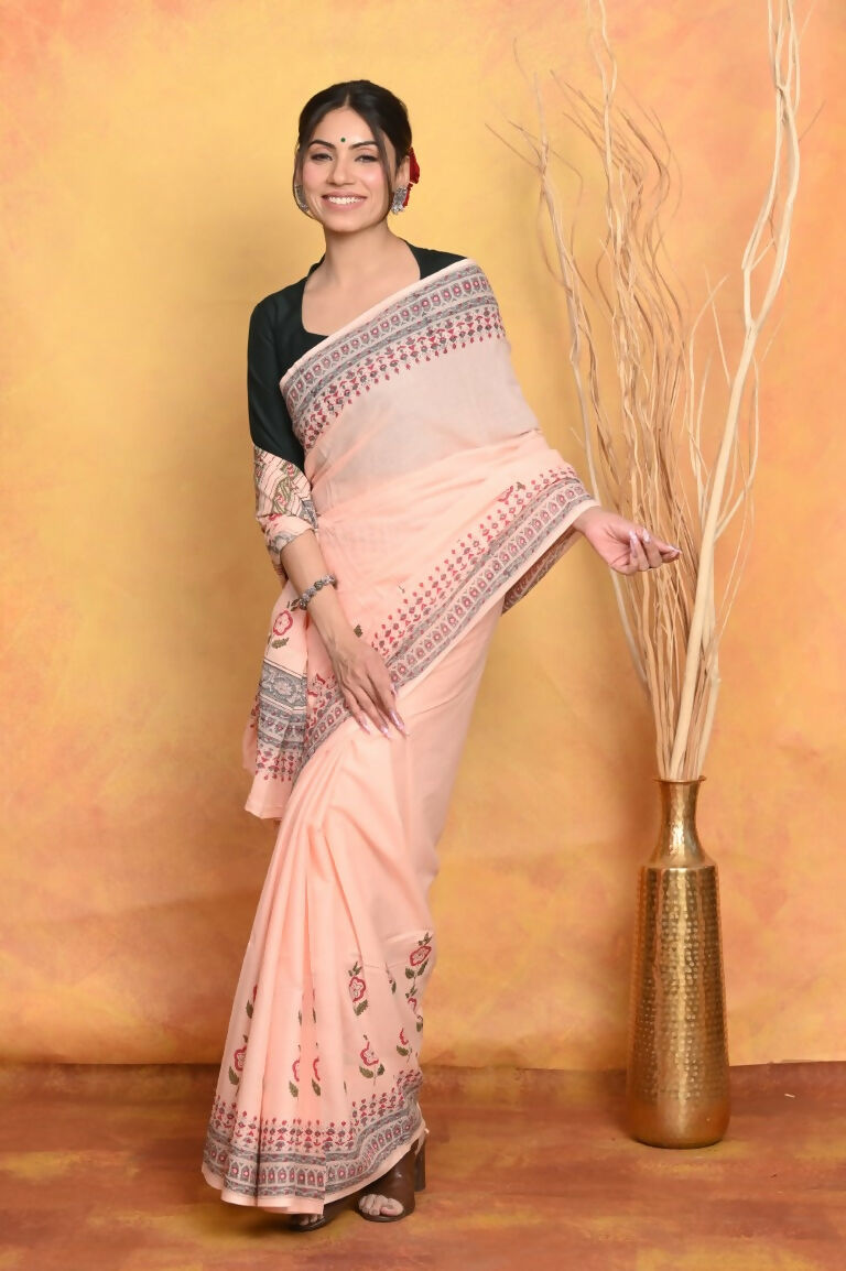 Very Much Indian Handblock Printed Cotton Saree With Natural Dyes - Peach - Distacart