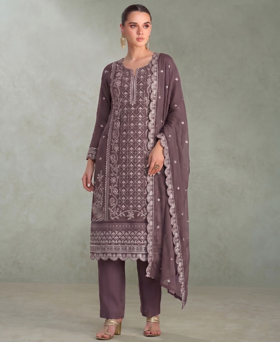 KC Lilac Pakistani Straight Suit For Women Chiffon - Dista