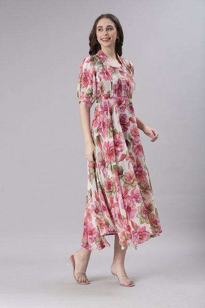 Souchii Cream Floral Chiffon Dress - Dista