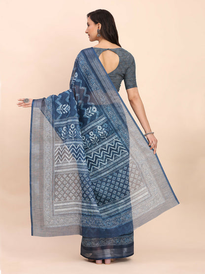 Shree Shyam Fashion Linen Cotton Indigo Blue Saree - Distacart