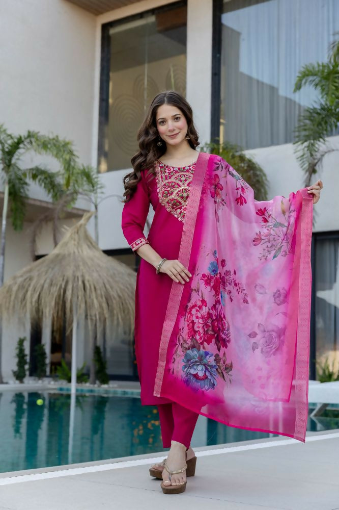 The52 Women's Gorgeous Embroidery Work Chanderi Fabric Straight Kurta Pant and Dupatta Set - Dista