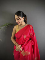 Thumbnail for Joban Fashion Red Banarasi Lichi Silk Gold Zari Meena Saree - Distacart