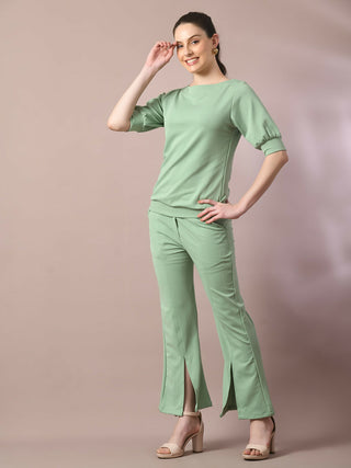 Myshka Women's Sea Green Solid Boat Neck Party Top With Trousers Co-ord set - Distacart