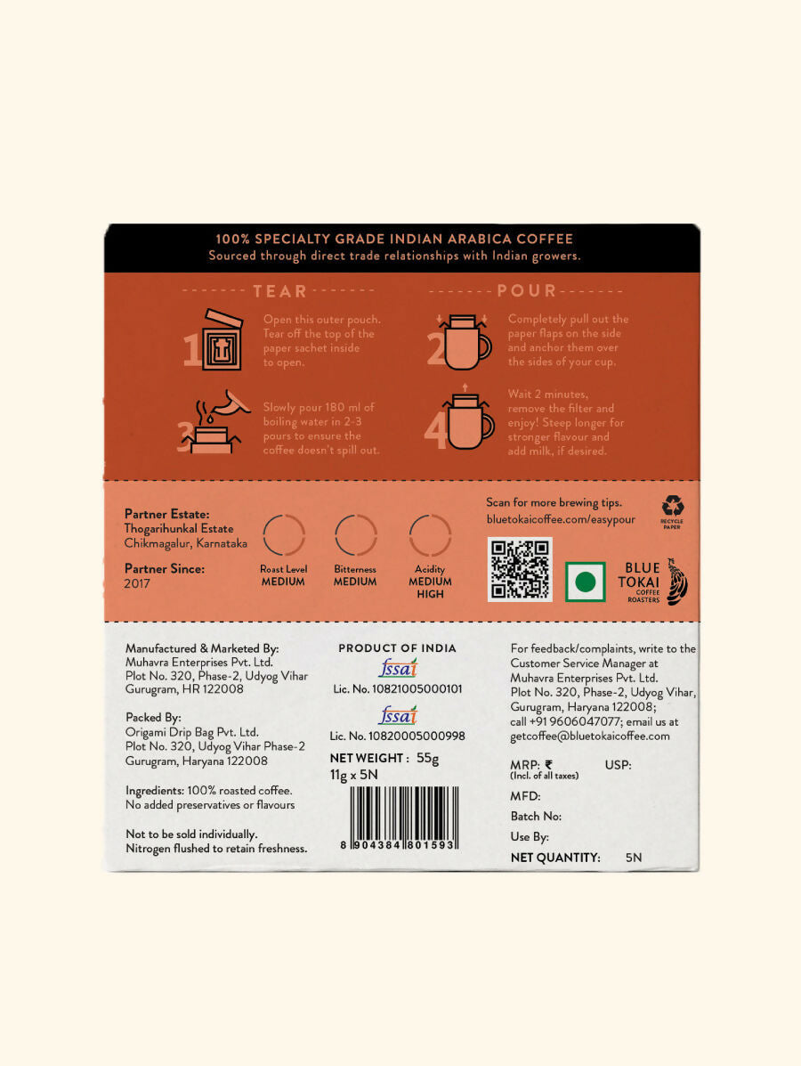 Blue Tokai Thogarihunkal Estate Medium Roast Easy Pour Sachets - Distacart