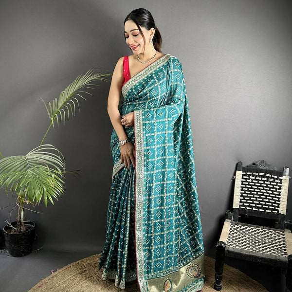 Joban Fashion Emerald Blue Bandhej Bandhani Vichitra Silk Bandhani Prints Saree