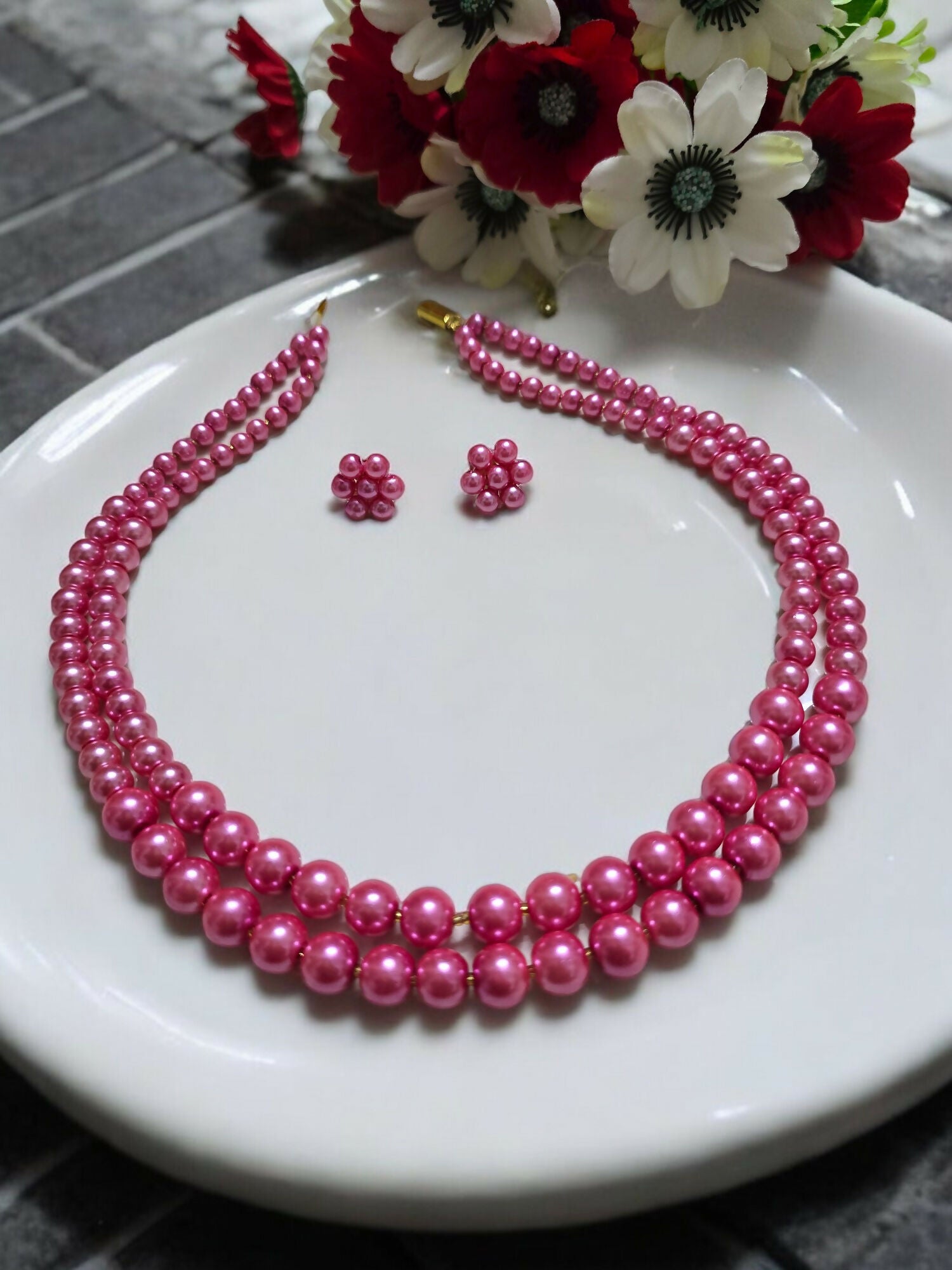 Inhanns Everyday Workwear Pearl Set (Double Layered Pearls) - Pink - Distacart
