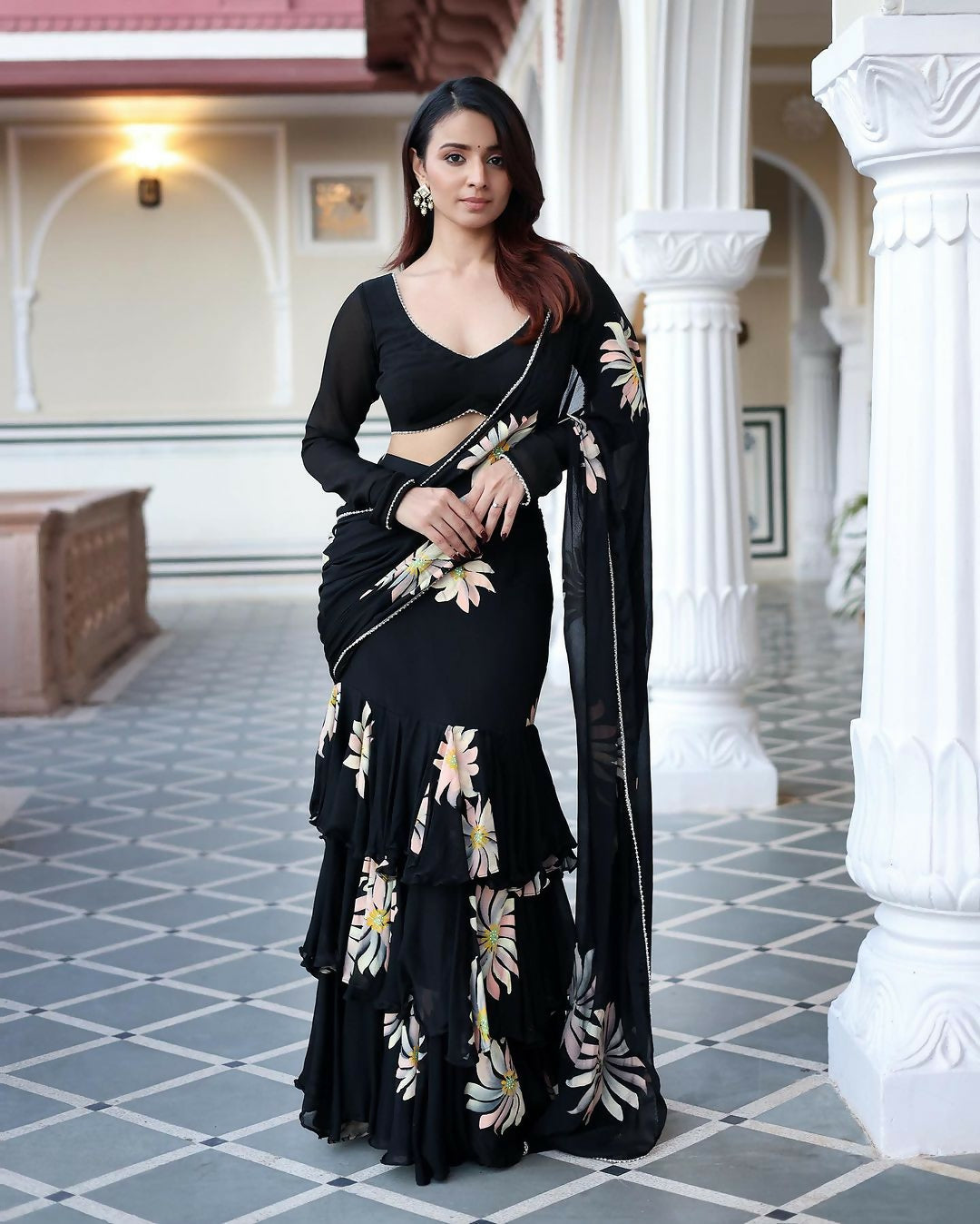 Exclusive Collection Black Party Wear Ruffle Georgette Saree