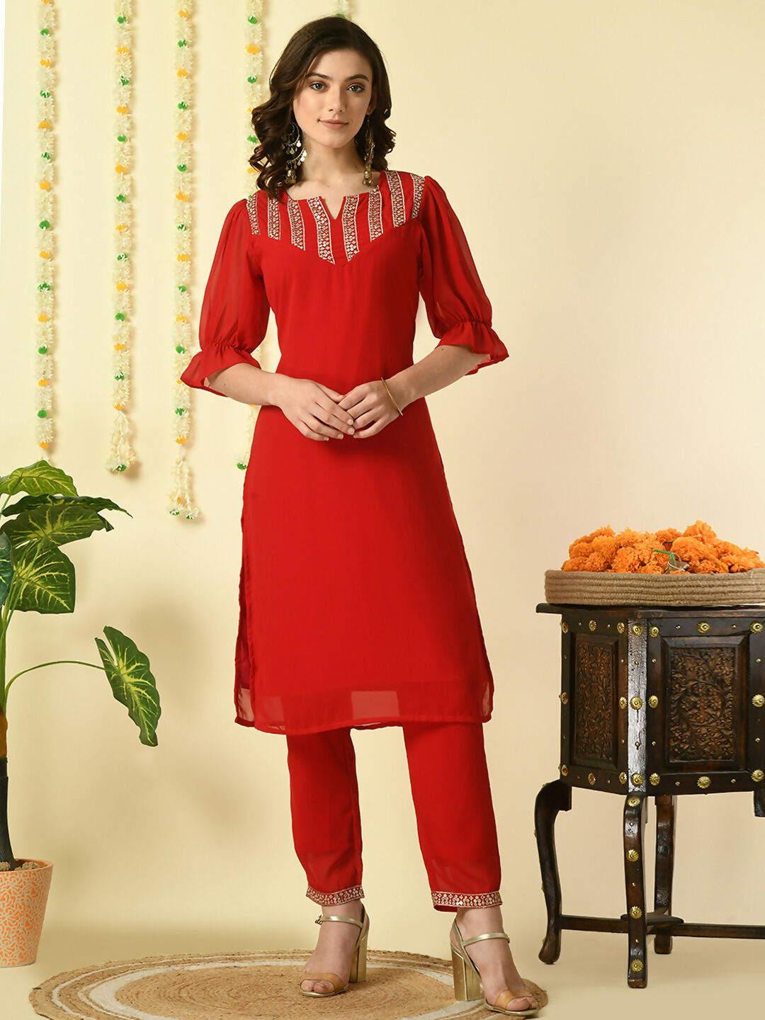 Myshka Women's Red Georgette Kurta With Trousers Party Sets - Distacart