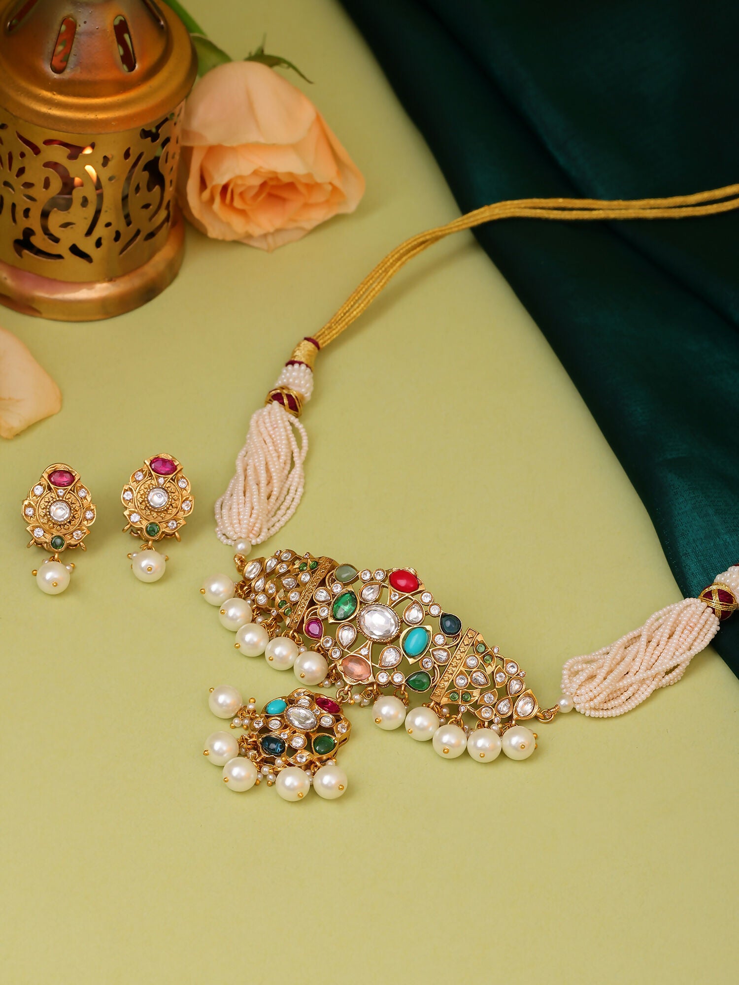 Ruby Raang Gold Polished Kundan Work Multi-Color Navratan Kundan Choker With Stud Earrings