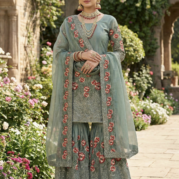 Teeya Creation Teal Fendy Silk Heavy Embroidery Work Party Wear Sharara Suit - Distacart